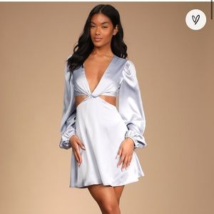 Lulus Lovely Touch Blue Satin cutout long sleeve dress